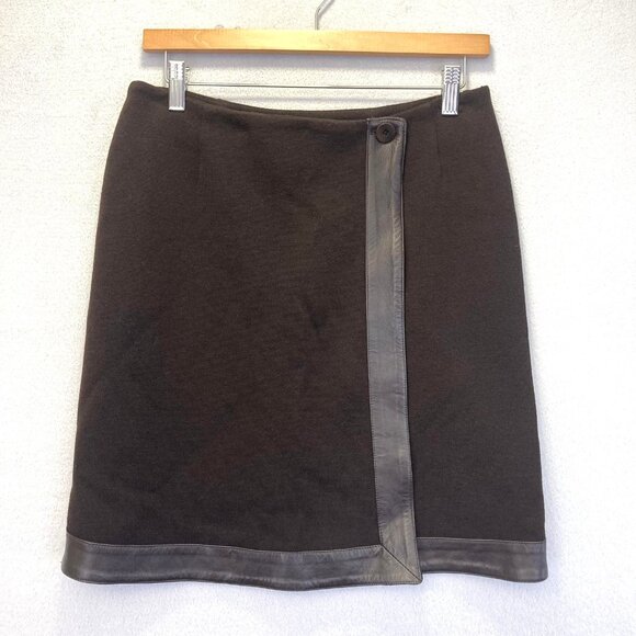 Oscar de la Renta 100% Merino Wool Wrap Skirt Womens 6 Leather Trim Quiet Luxury - Picture 1 of 8